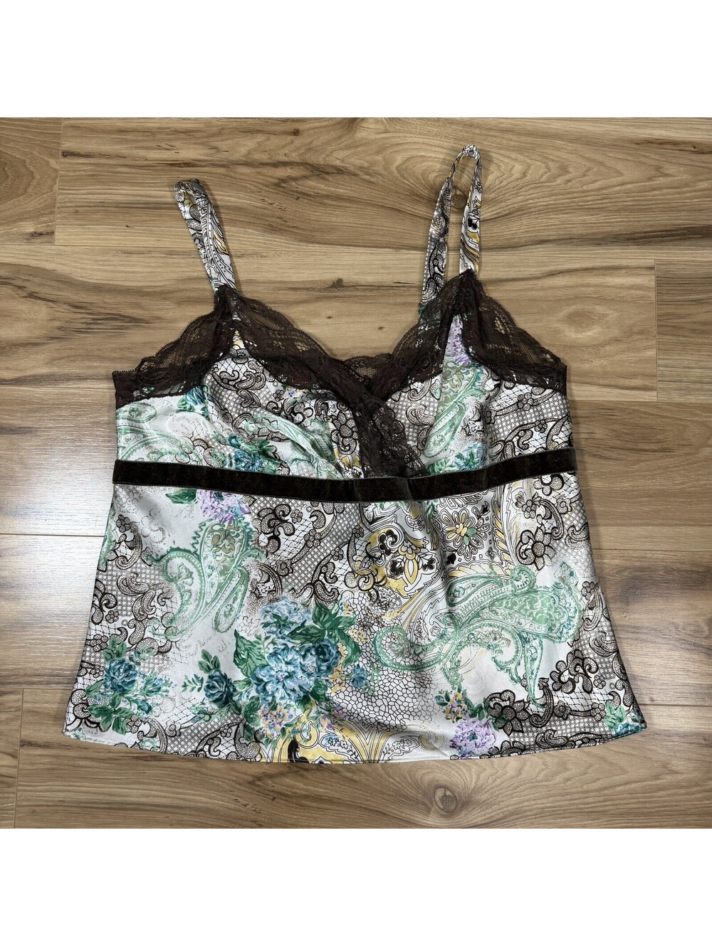 Satin Paisley Babydoll Cami Size 16 Plus Y2K Lace Velvet Trim